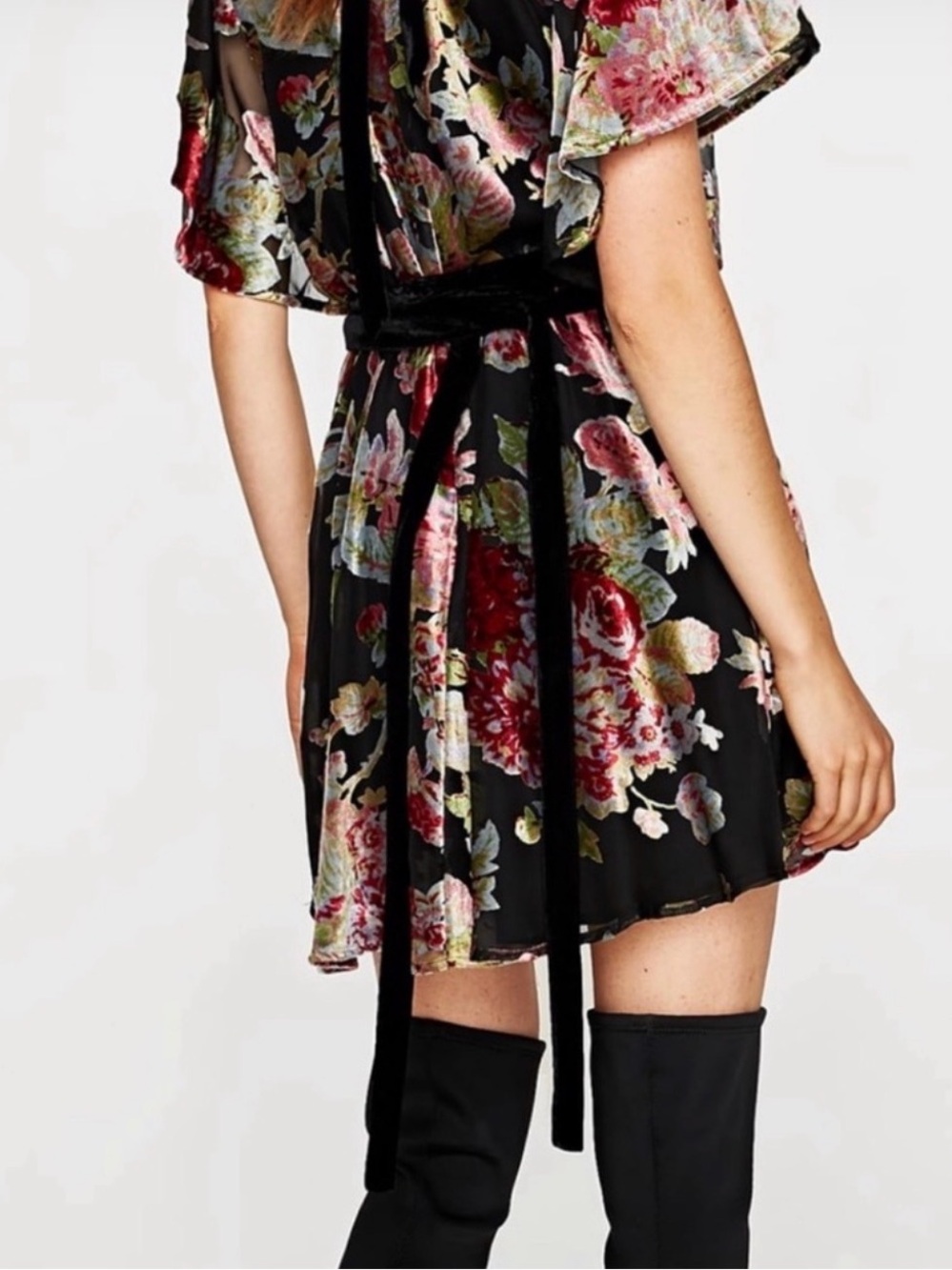 Zara Black Floral Velvet-Waist Mini Dress - Picture 2 of 7